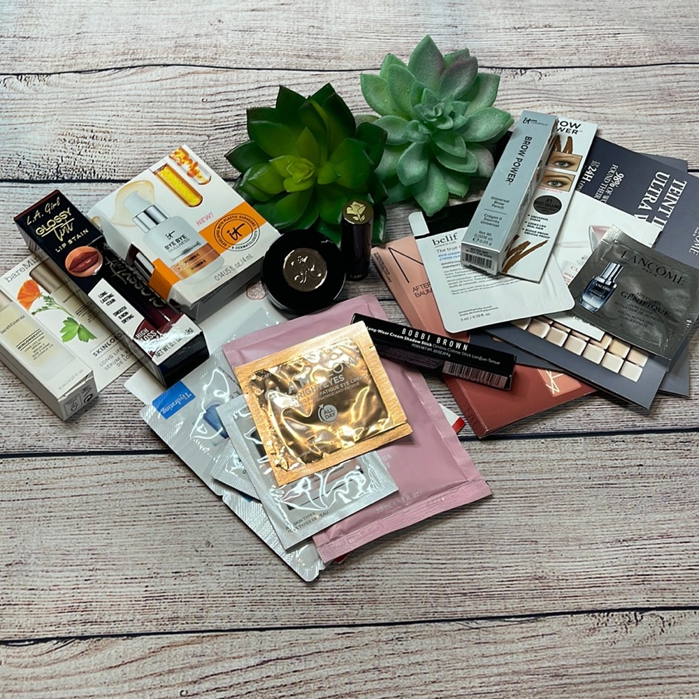 Make-up Sample Lot, lipstick, eye cream, brow stick & powder, lip stain, etc.